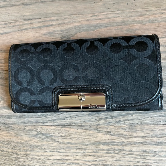 NWT Coach logo fabric/black leather wallet - Picture 1 of 9